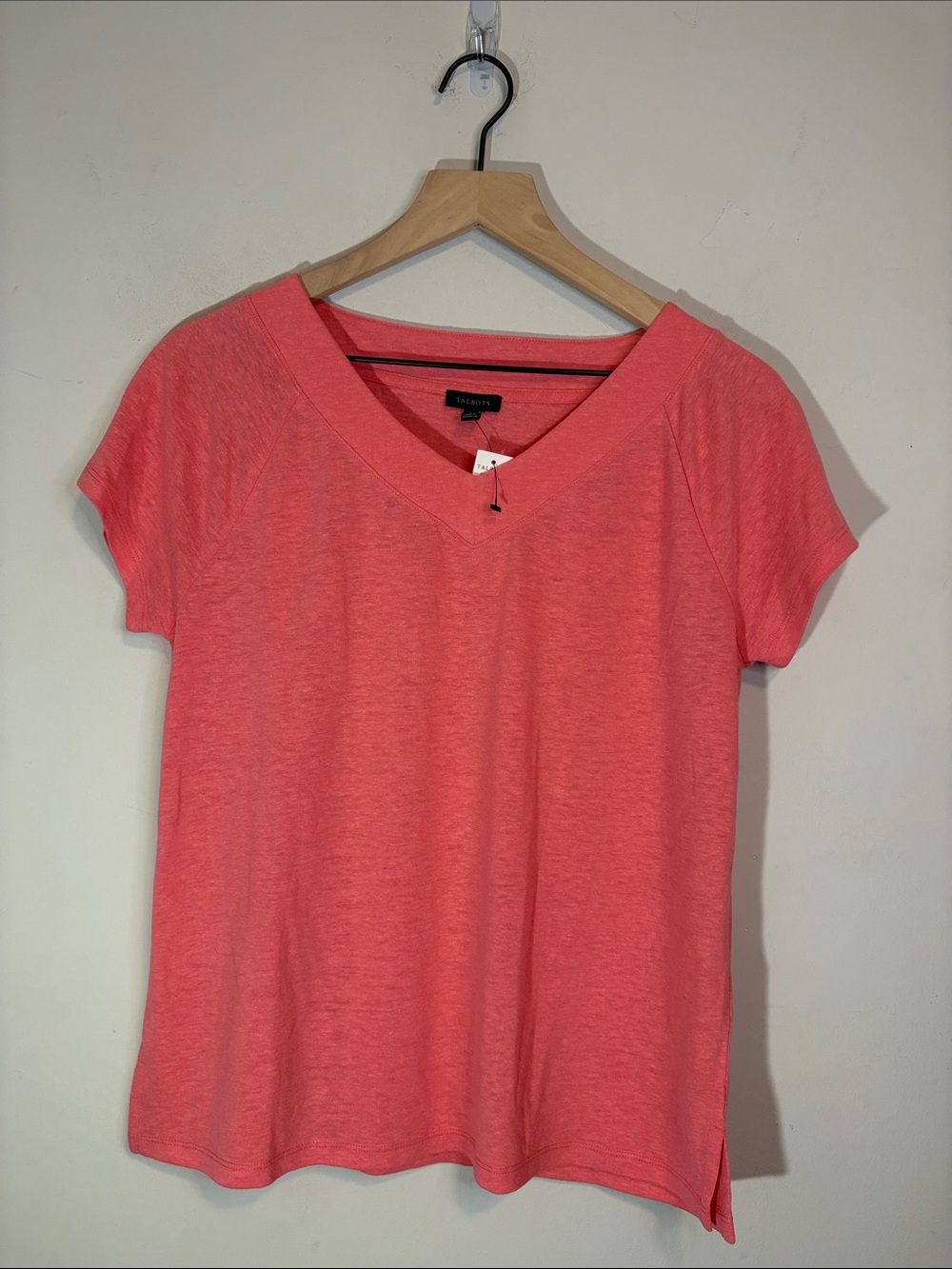 NWT Talbots Neon Salmon Pink Relaxed V Neck Linen Blend Lightweight Semi Sheer
